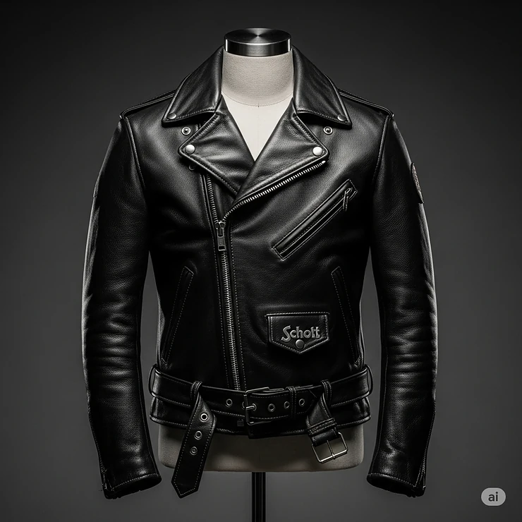 A classic black Schott Perfecto leather jacket, showcasing its iconic design and premium quality, ready for adventure.