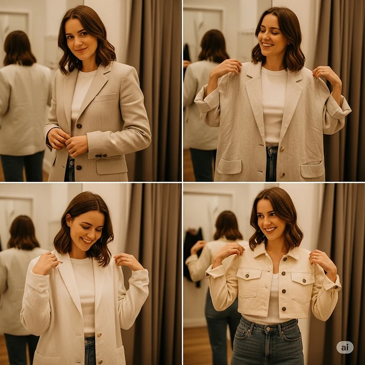 A woman trying on various styles of linen jackets, including tailored, oversized, and cropped designs, ideal for diverse wardrobes.