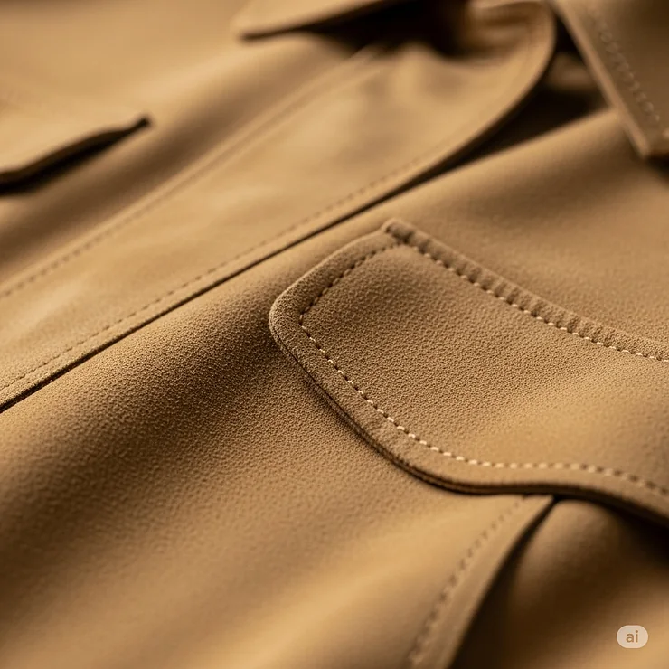 Macro shot of the soft, luxurious texture of a camel-colored suede blouson jacket, highlighting its premium material.