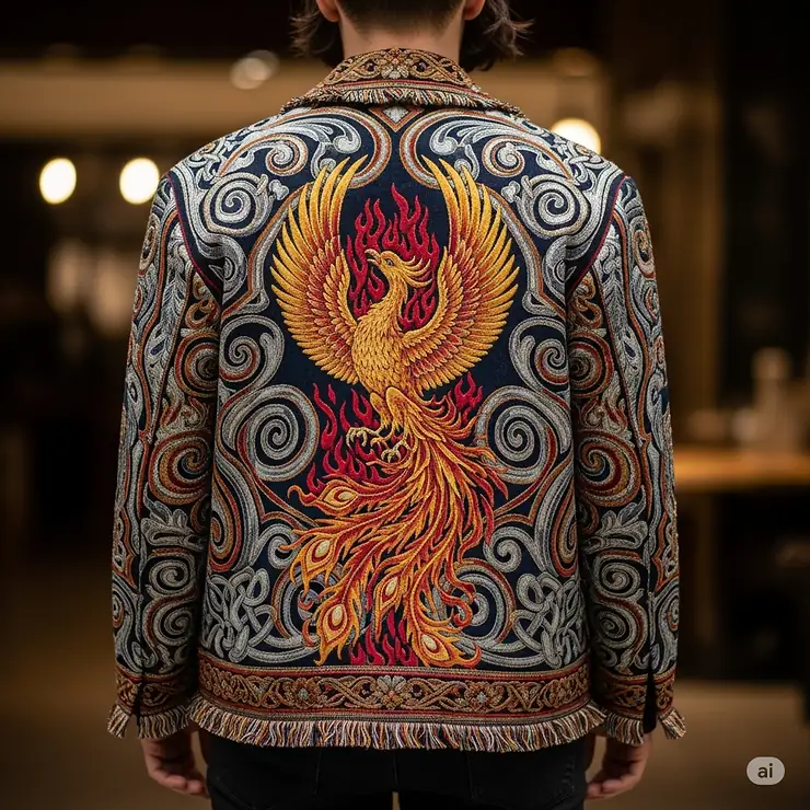 Back view of a unique tapestry jacket, highlighting any distinctive patterns or embellishments on the rear.