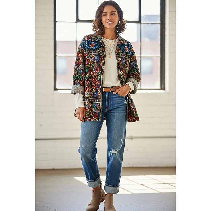 A casual outfit featuring a tapestry jacket paired with jeans and a simple top, demonstrating versatile styling options.