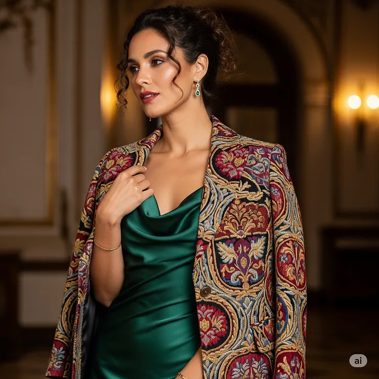 An elegant evening look with a tapestry jacket layered over a dress, illustrating its potential for more formal occasions.