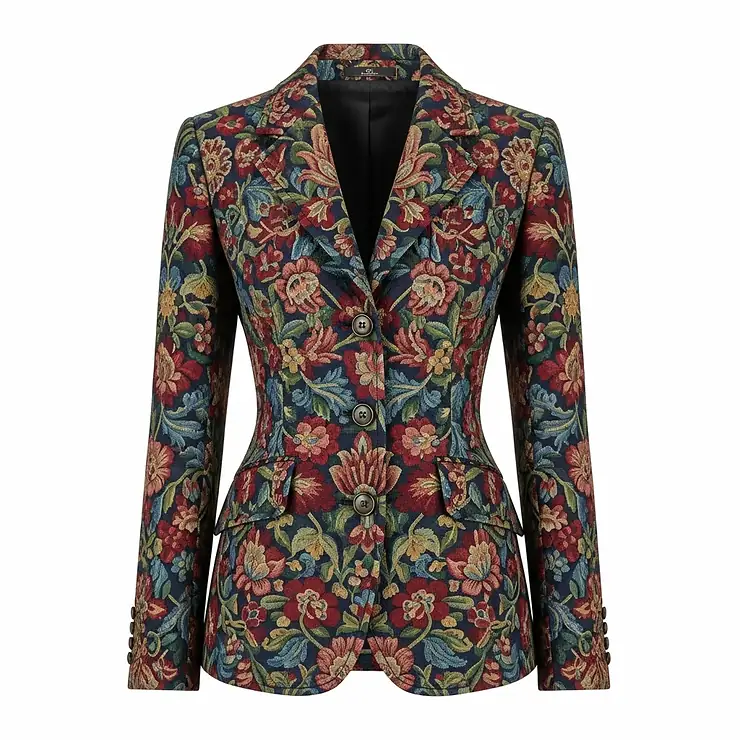 Full front view of a well-tailored tapestry jacket, showcasing its overall design, fit, and elegant silhouette.