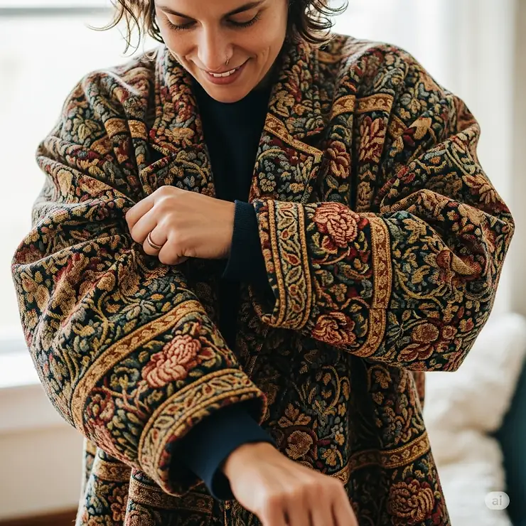 A person in the process of putting on a tapestry jacket, conveying the garment's comfortable fit and easy wearability.
