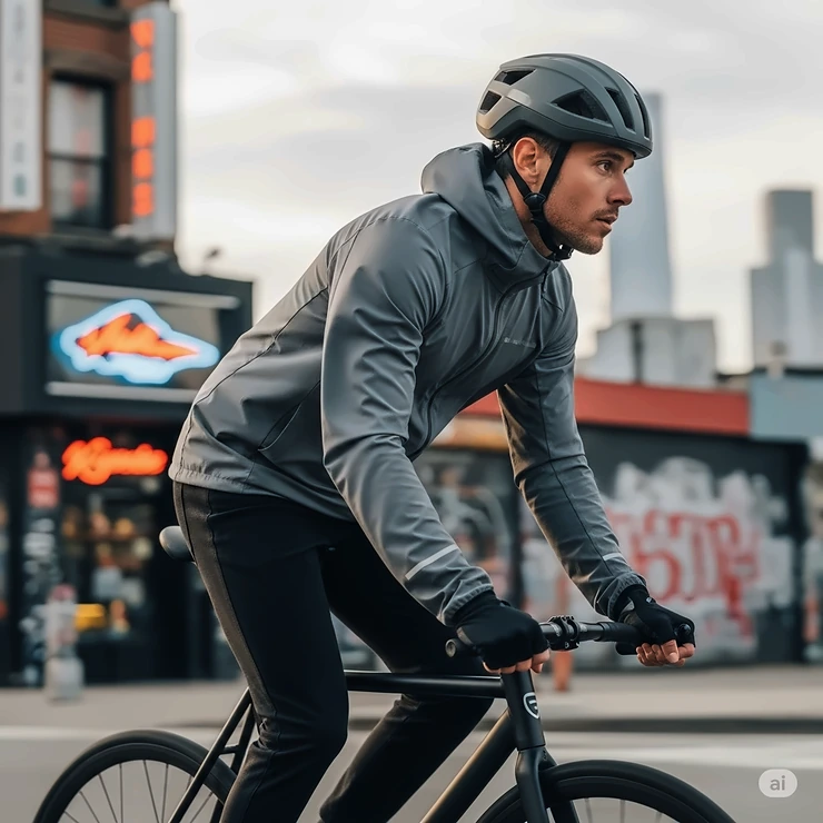 An individual confidently wearing a lightweight techwear jacket while engaging in an outdoor activity like urban cycling, showcasing its mobility and comfort.