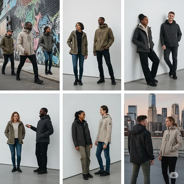 A collection of individuals with various body types and genders, each wearing a versatile techwear jacket, demonstrating its adaptable fit and broad appeal.
