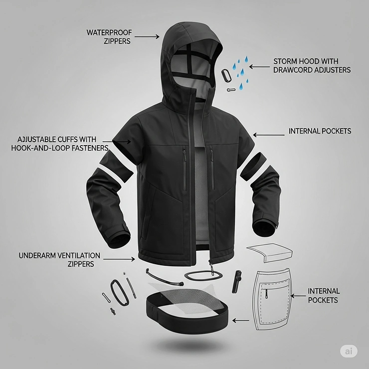 Diagram illustrating key features of a techwear jacket, including waterproof zippers, adjustable cuffs, and ventilation systems.