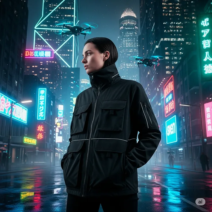 A person wearing a sleek, black techwear jacket with functional pockets and a minimalist design, standing in a futuristic urban setting.