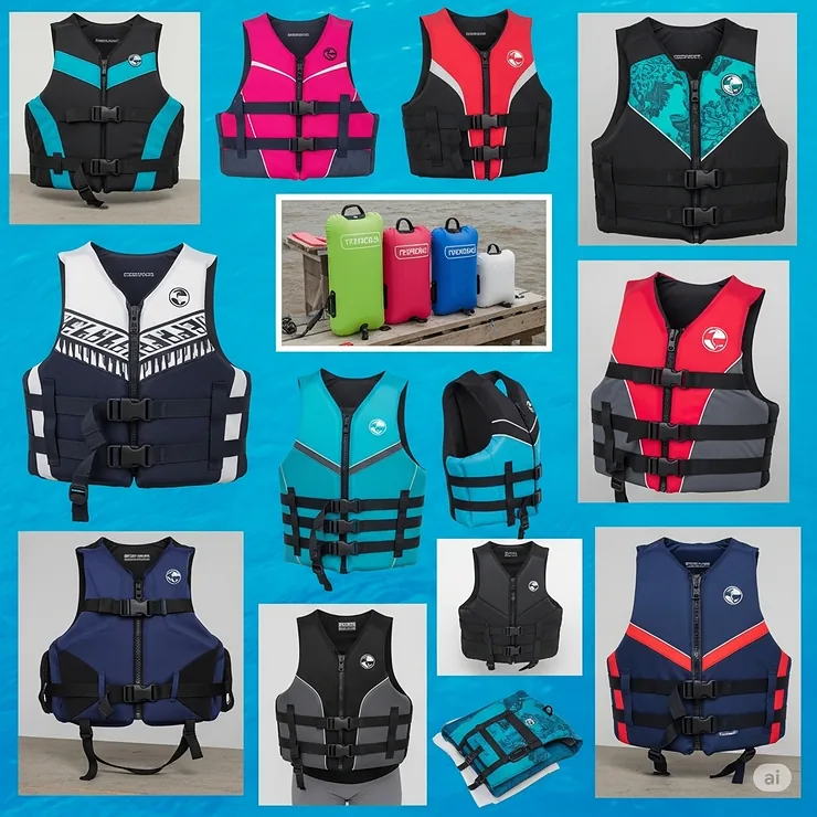 A collage showcasing various types of life jackets designed for ladies, including vest styles, inflatable options, and paddleboard-specific designs.