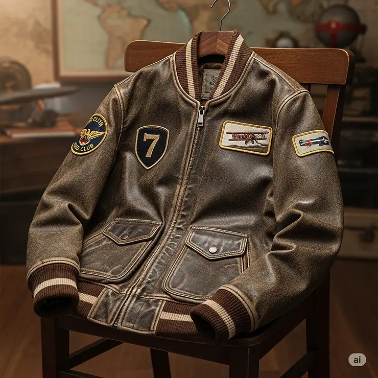 An iconic vintage-style blouson jacket in a bomber silhouette, featuring a worn leather look and classic patches, evoking retro fashion.