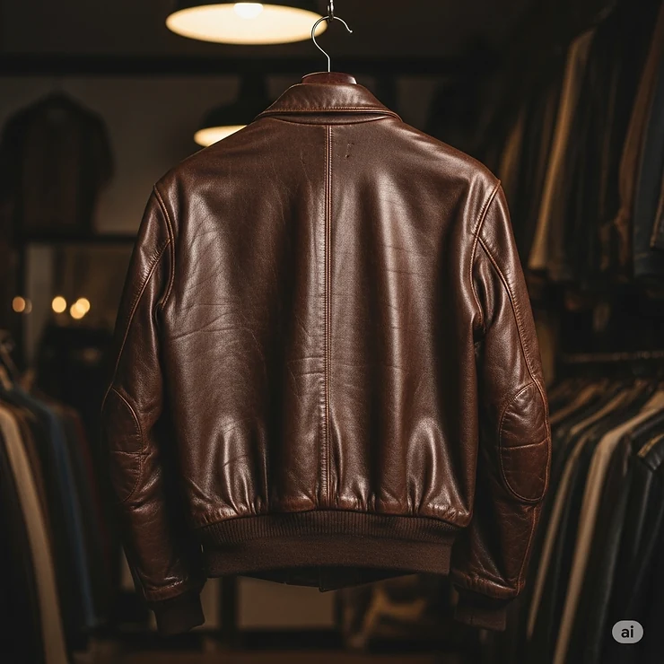 Back view of a well-preserved vintage bomber jacket hanging, showcasing its classic shape and stitching details.
