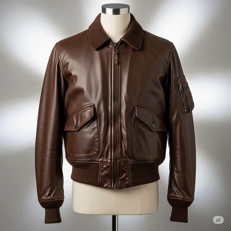 Front view of a vintage bomber jacket displayed on a mannequin, highlighting its iconic silhouette and ribbed cuffs.