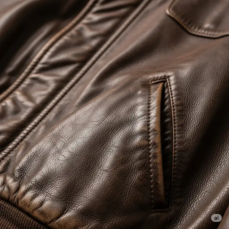 Close-up of the aged, supple leather texture of a vintage bomber jacket, highlighting its unique patina and craftsmanship.