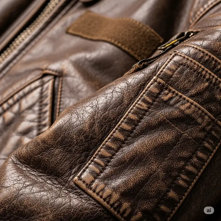 Close-up of the rich, worn leather texture of a vintage bomber jacket, highlighting its authentic feel.