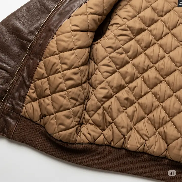 View of the quilted, comfortable lining inside a vintage leather bomber jacket, indicative of its quality and warmth.