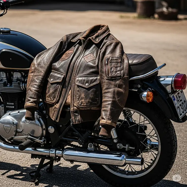 A rugged vintage leather bomber jacket draped over a classic motorcycle, evoking a sense of adventure and timeless style.