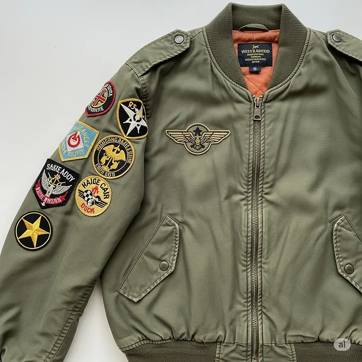 A vintage bomber jacket featuring unique embroidered patches on the sleeve, adding character to the classic design.