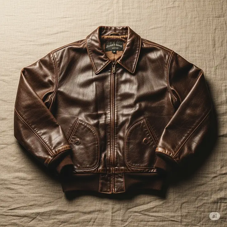 Overhead flat lay of a vintage leather bomber jacket, laid out to highlight its classic shape and vintage appeal.