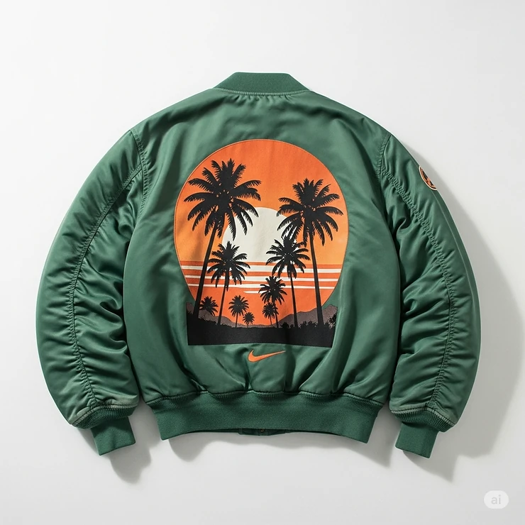 Stylish vintage Nike bomber jacket featuring a unique graphic design on the back, offering a unique fashion statement.