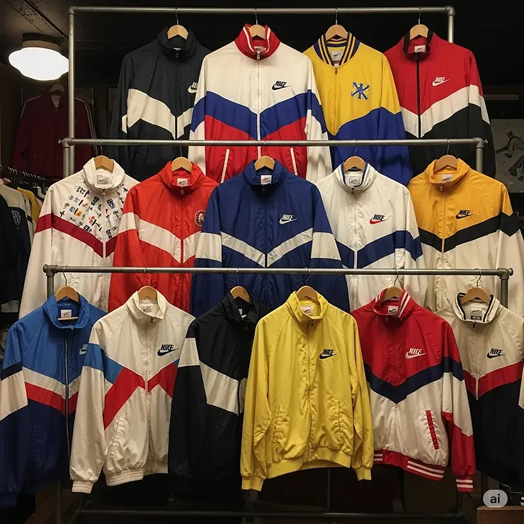 Assortment of colorful vintage Nike jackets, showcasing diverse styles and eras for collectors.