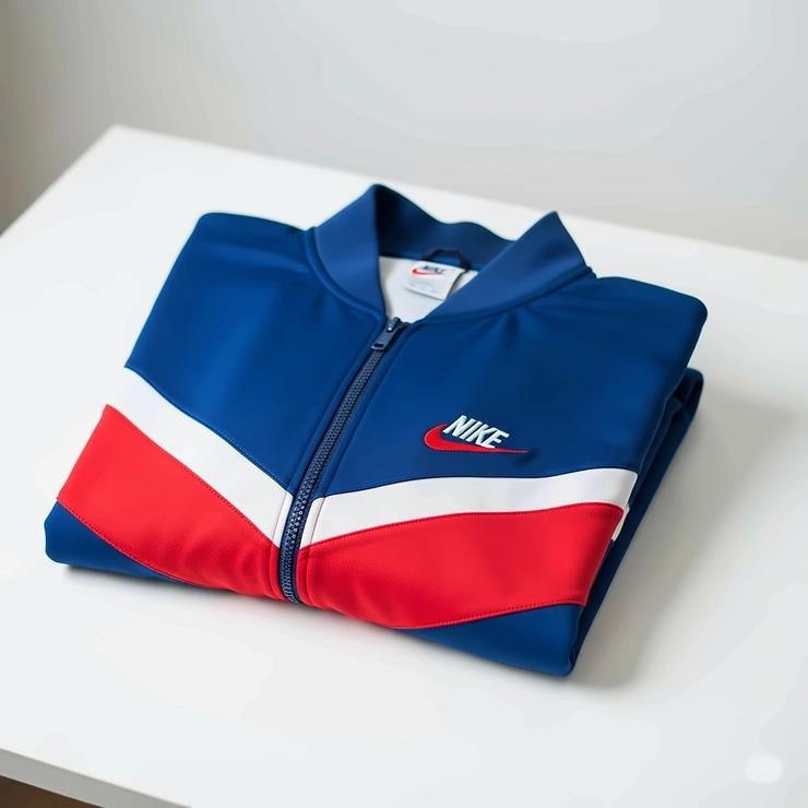 Neatly folded vintage Nike sports jacket on a clean background, emphasizing its well-preserved condition.