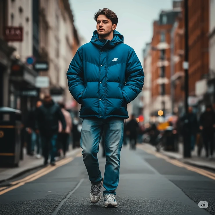 Individual wearing a warm vintage Nike puffer jacket, ideal for colder weather and a retro street style.