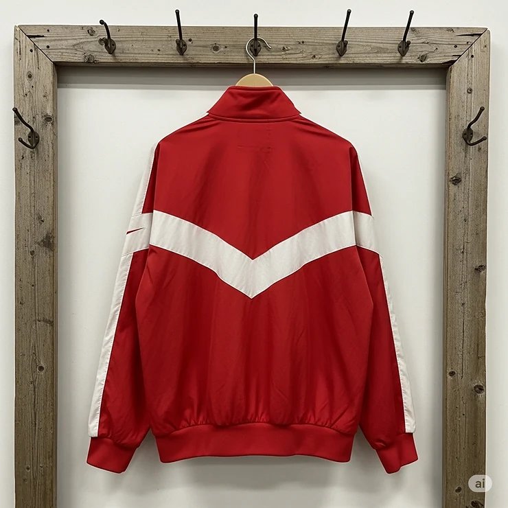 Full back view of a red vintage Nike track jacket, displaying its distinct stripe pattern and overall retro silhouette.