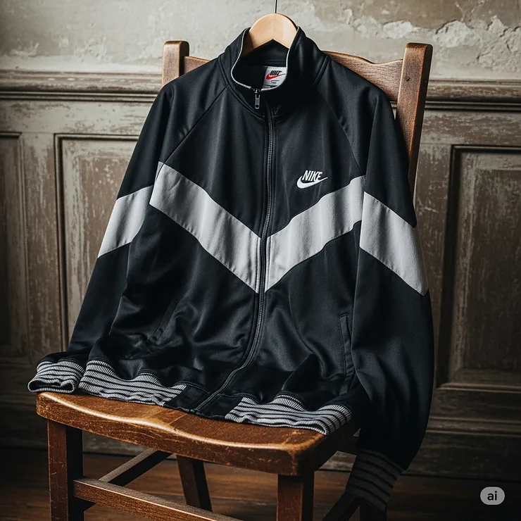 Black and grey vintage Nike track jacket, showcasing a versatile and understated colorway of this classic athletic wear.