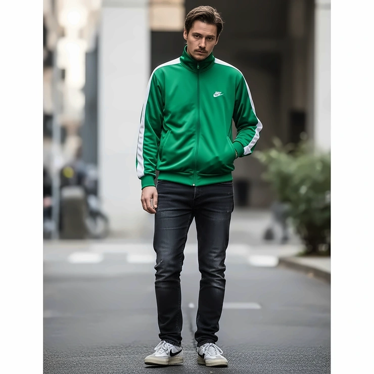 Person wearing a green vintage Nike track jacket as part of a casual, streetwear-inspired outfit.