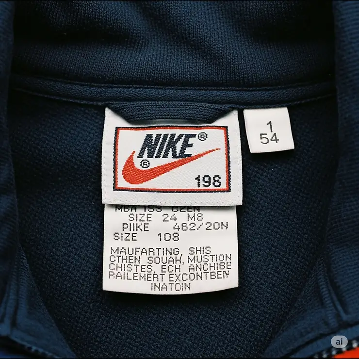 Image of the authentic inside tag or label of a vintage Nike track jacket, indicating its era and manufacturing details.