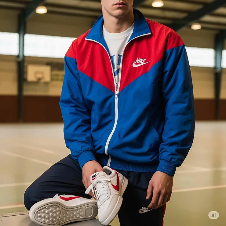 Vintage Nike track jacket paired with matching retro Nike sneakers, illustrating a complete throwback athletic look.