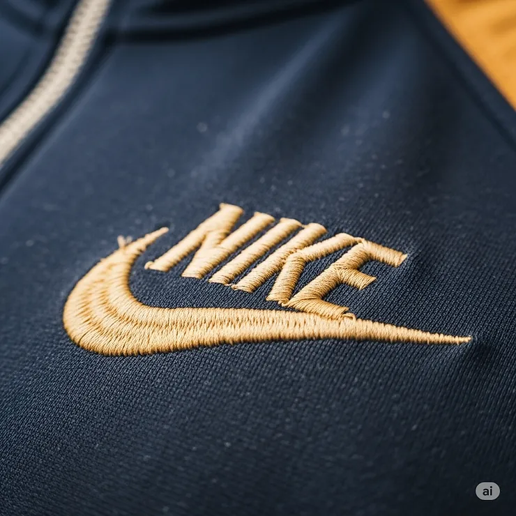 Close-up of the embroidered Nike swoosh logo on a retro Nike track jacket, highlighting its authentic vintage detail.