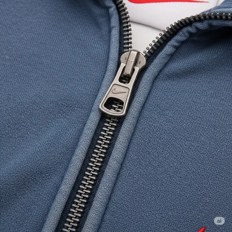 Detail shot of the metal zipper on a vintage Nike track jacket, emphasizing the quality and durability of classic sportswear.