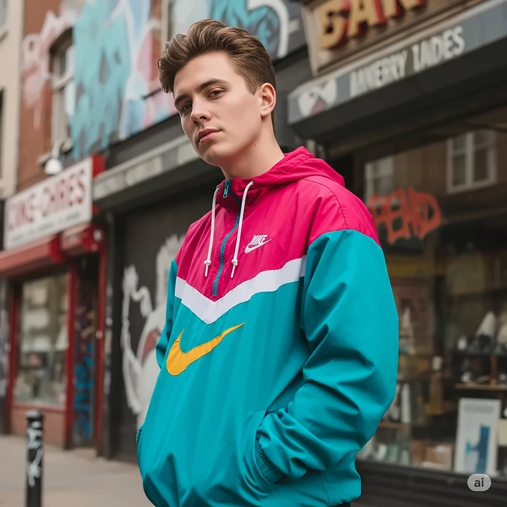 Person confidently wearing a retro vintage Nike windbreaker jacket, perfect for a casual athletic look.