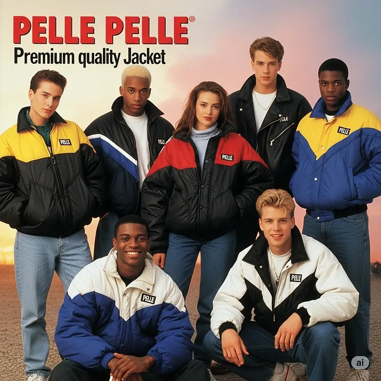 Archival image from a vintage Pelle Pelle jacket advertisement, reflecting its historical impact as a world-famous fashion item.