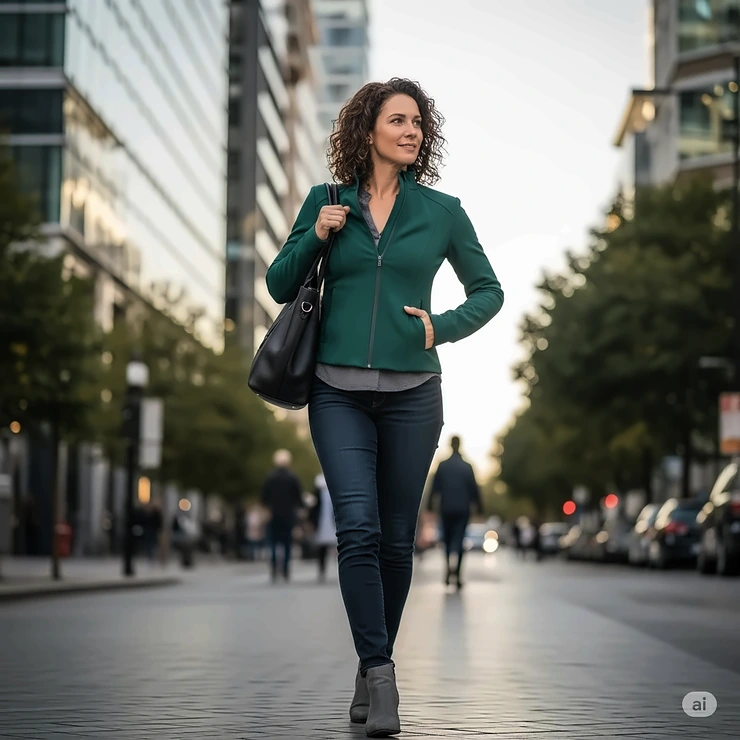 Woman walking confidently in an urban setting, showcasing the comfort and flexibility of her vixen jacket during everyday activities.