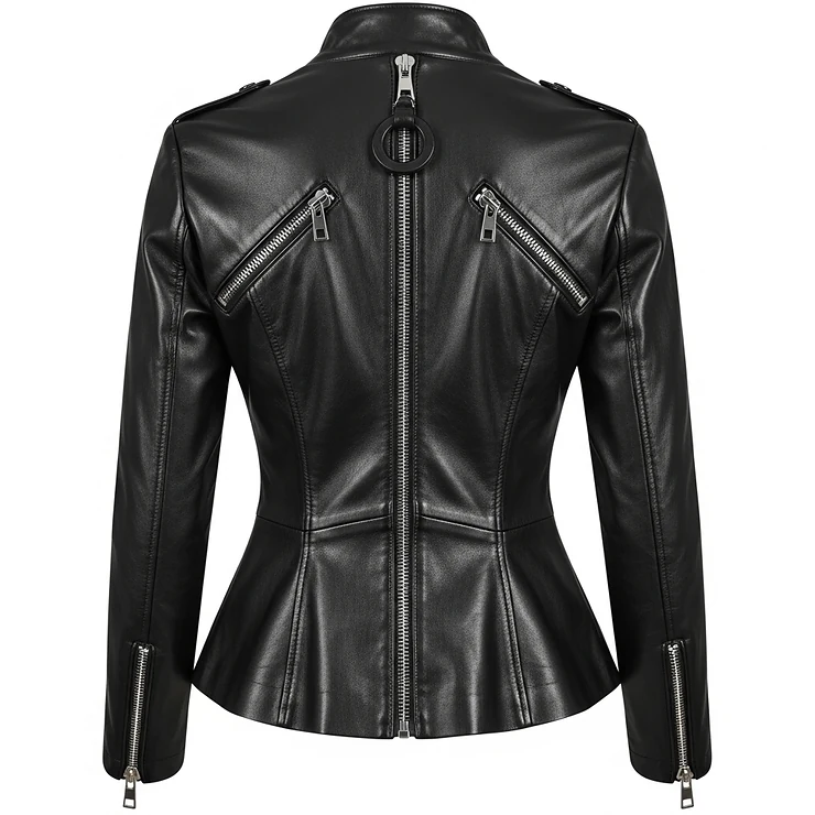 Back view of a vixen jacket, featuring unique zipper details and a flattering cut that enhances the silhouette.