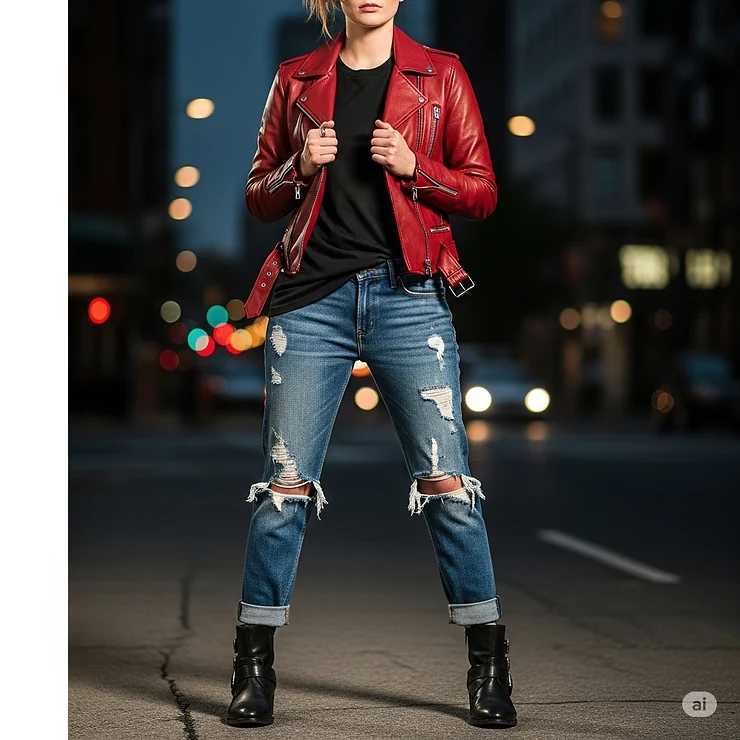 Casual outfit idea pairing a classic vixen jacket with distressed jeans and a simple t-shirt for an edgy look.