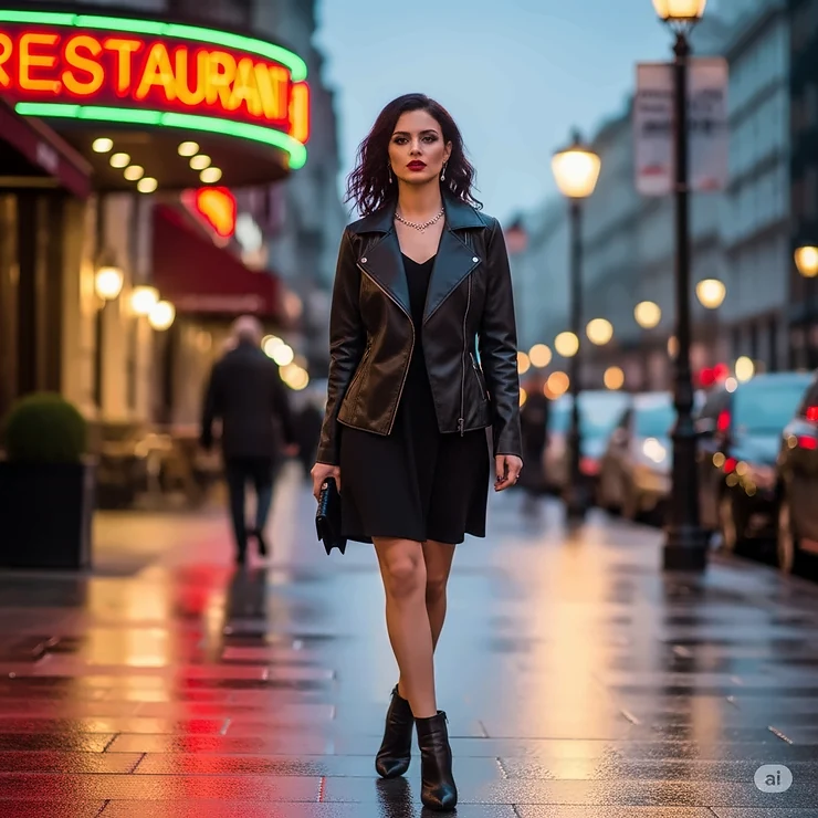Elegant evening ensemble featuring a vixen jacket draped over a little black dress, perfect for a night out.