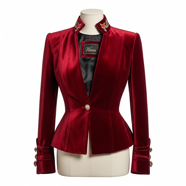 Full display of a vixen jacket on a mannequin, demonstrating its structured shape and versatile appeal.