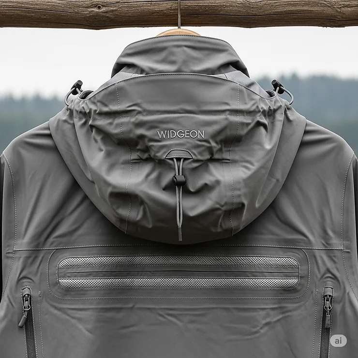 Back view of a widgeon jacket, showcasing its adjustable hood and breathable design features.
