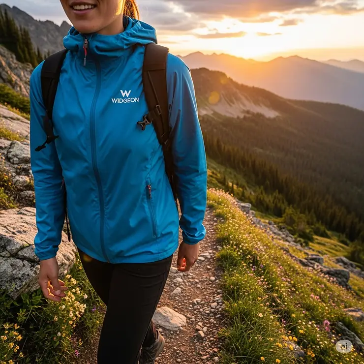 A person enjoying a hike while wearing a lightweight widgeon jacket, ideal for outdoor enthusiasts.