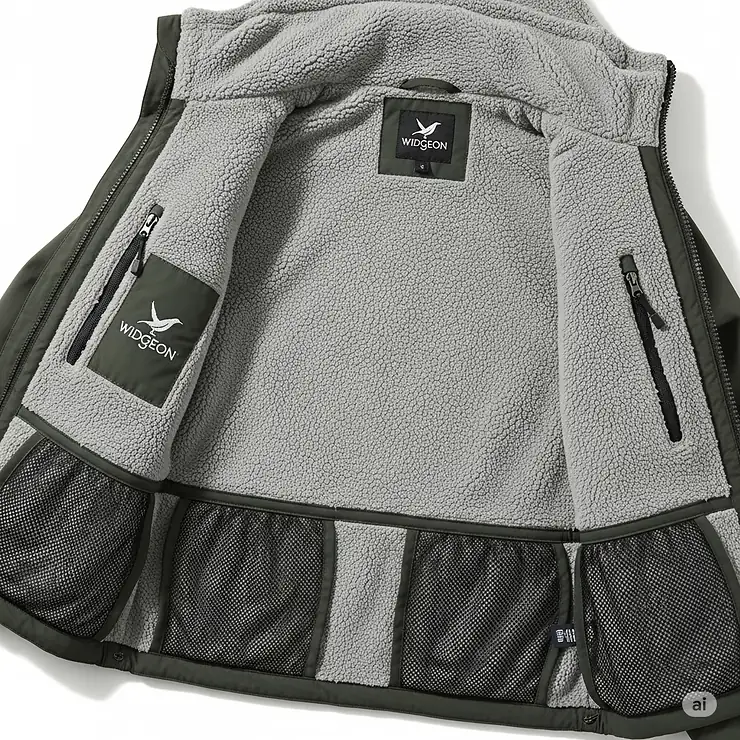 Inside view of a widgeon jacket, revealing its comfortable lining and practical inner pockets.
