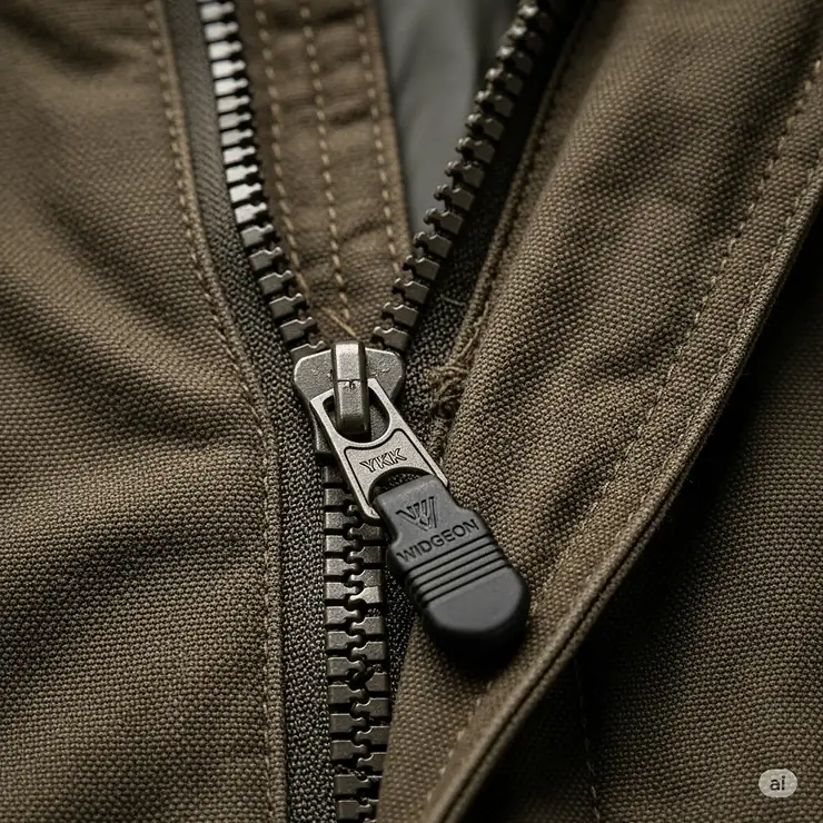 Detailed shot of the durable zipper on a widgeon jacket, designed for long-lasting performance.