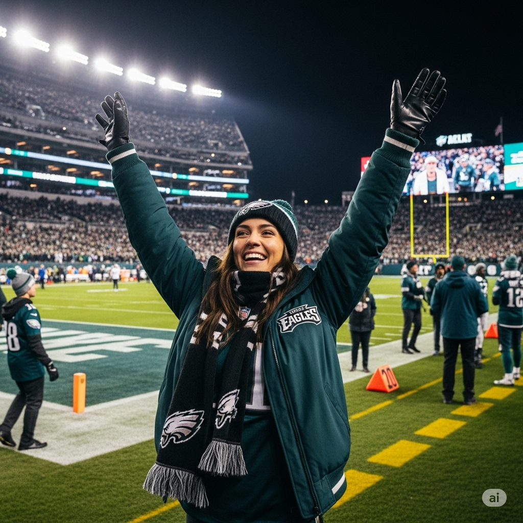 A happy female fan cheering at an Eagles game, warmly dressed in her official ladies' Eagles jacket.