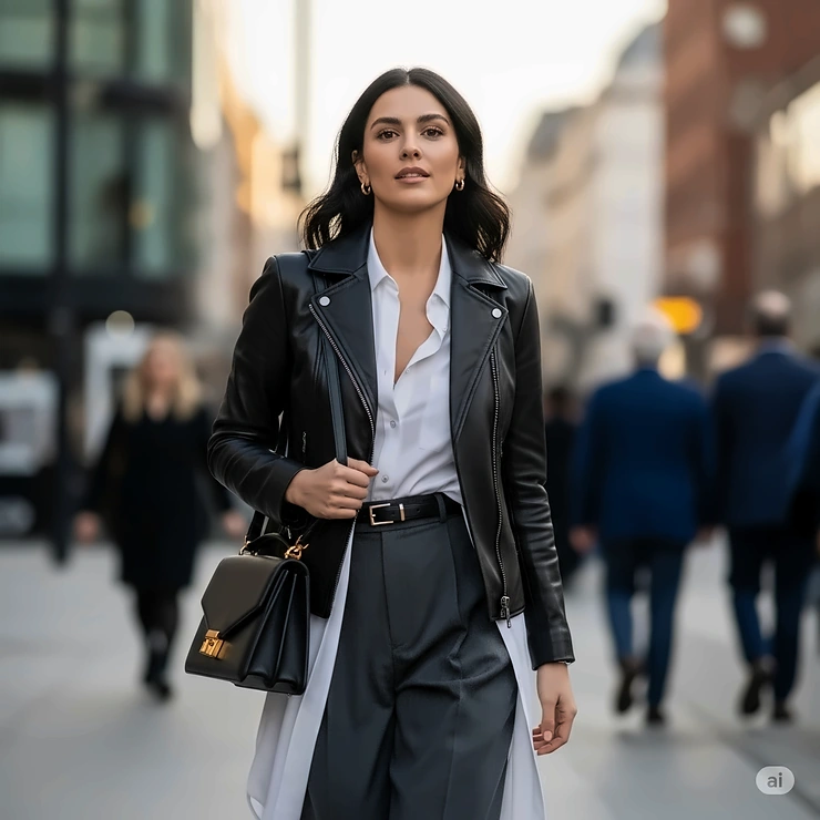 A woman elegantly styled in a black Lamarque leather jacket, demonstrating how it elevates a chic, sophisticated outfit.