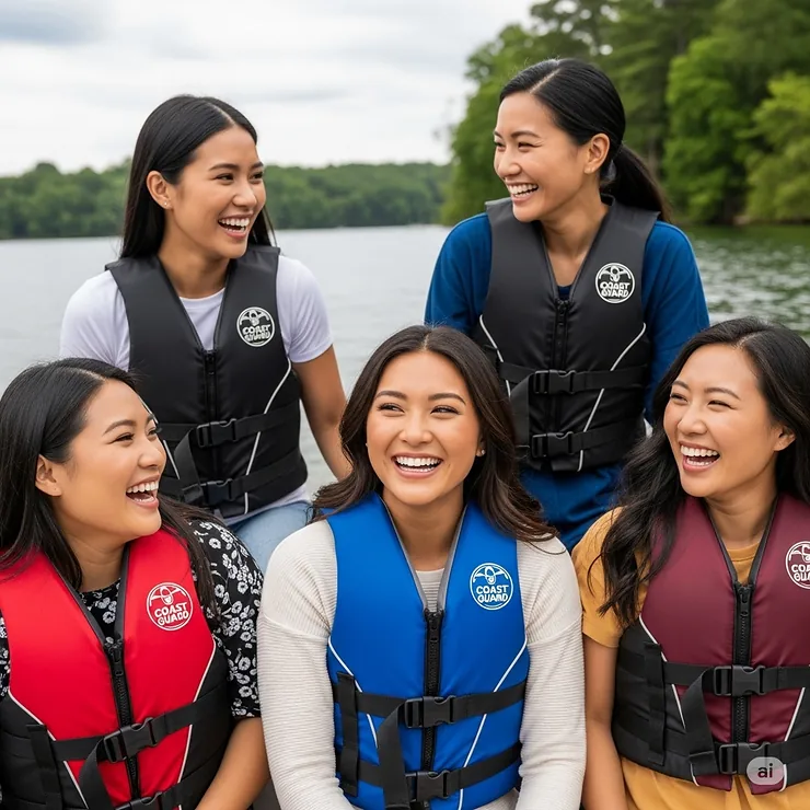 A group of women enjoying a boat trip, each wearing a comfortable and Coast Guard-approved life jacket for ladies, promoting group safety.