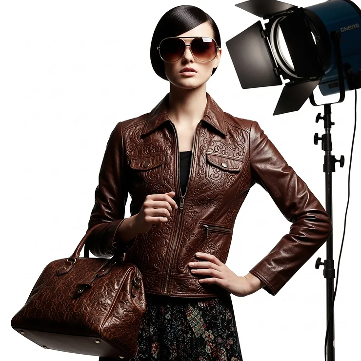 Stylized image featuring a brown leather jacket adorned with complementary accessories like a handbag and sunglasses, enhancing the overall outfit.