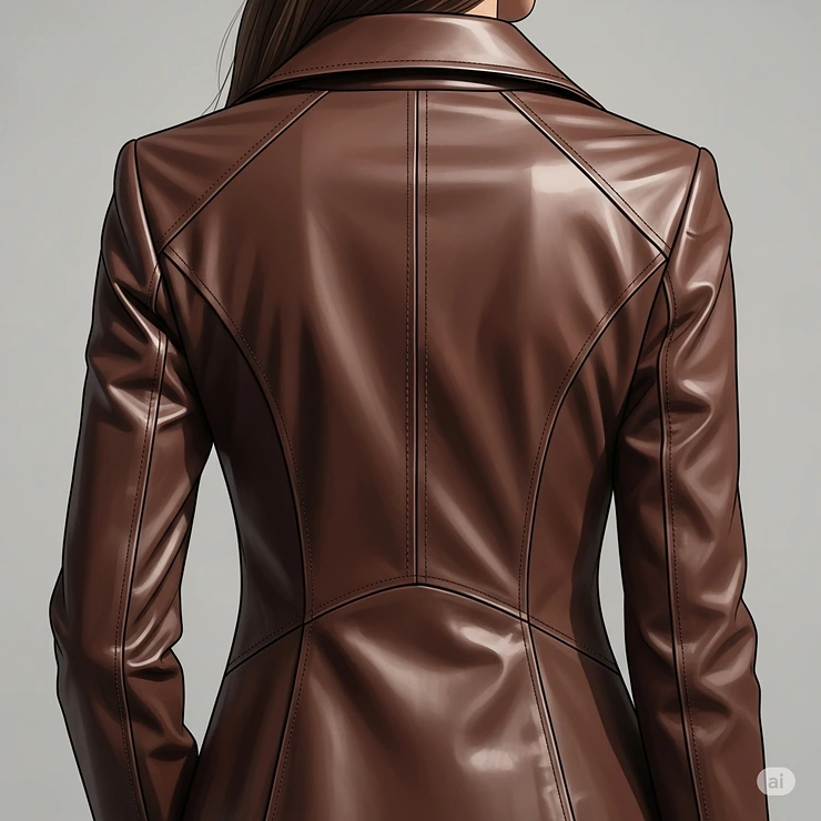 Back view illustration of a womens brown leather jacket, emphasizing the cut and fit of the garment from behind.