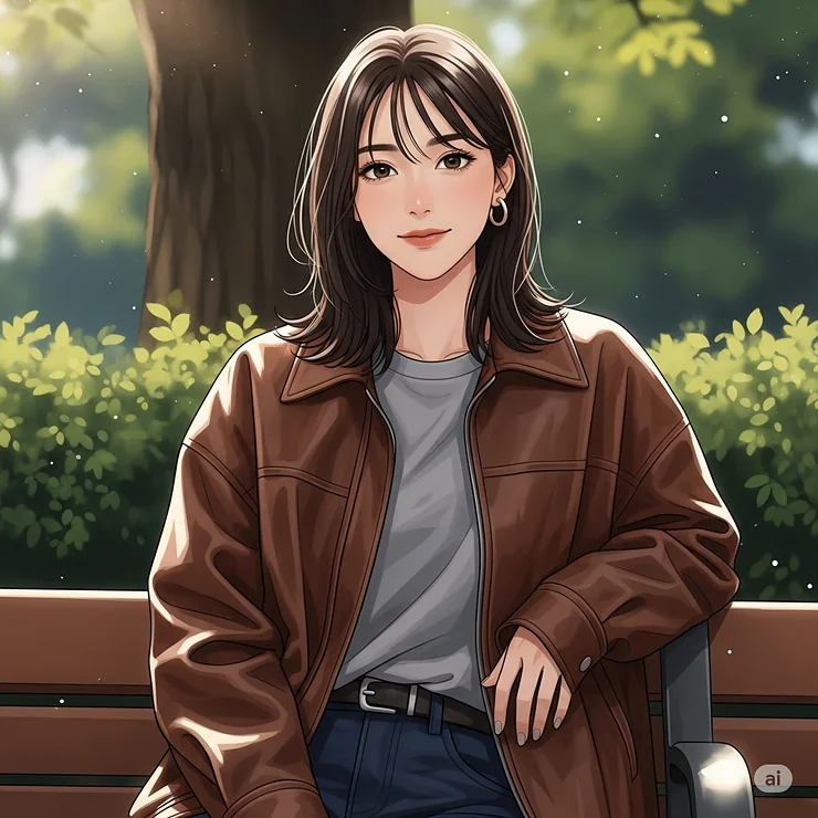 Illustration of a woman in a casual setting, wearing a relaxed-fit brown leather jacket over a t-shirt, ideal for everyday wear.